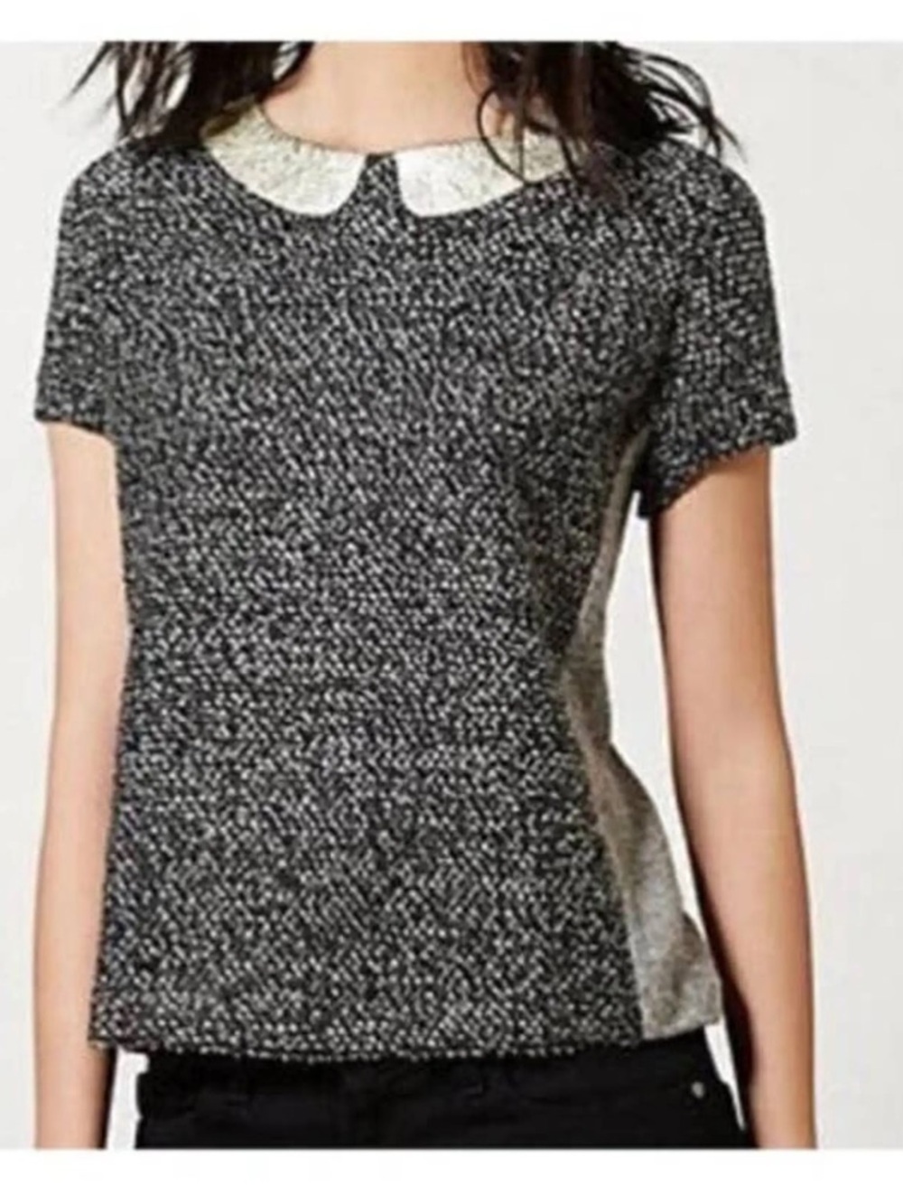 Anthropologie Postage Stamp Peter Pan Collar Knit Top Gray Black Small